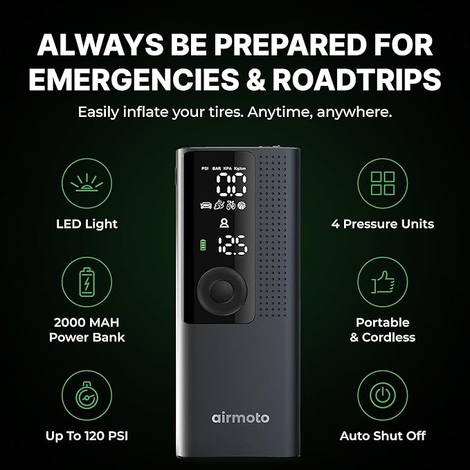 Airmoto Tire Inflator Portable Air Compressor - Air Pump for Car Tires with Digital Pressure Gauge, LED Light and Auto Shut-Off Function - Cordless Pump for Car, Motorcycle, Bicycle, Ball (Pack of 4)