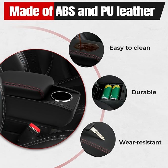 Car Armrest Storage Box Compatible with Nissan Almera Versa 2012-2019 Double Layer with 6 Ports and Cup Holder Car Interior Accessories Red Thread