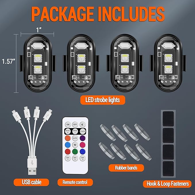 Wireless LED Strobe Lights Remote Control, 8 Colors USB Charing Waterproof Anti-Collision Flashing Emergency Warning Lights for Car Motorcycle Drone Aircraft Bike 4PCS