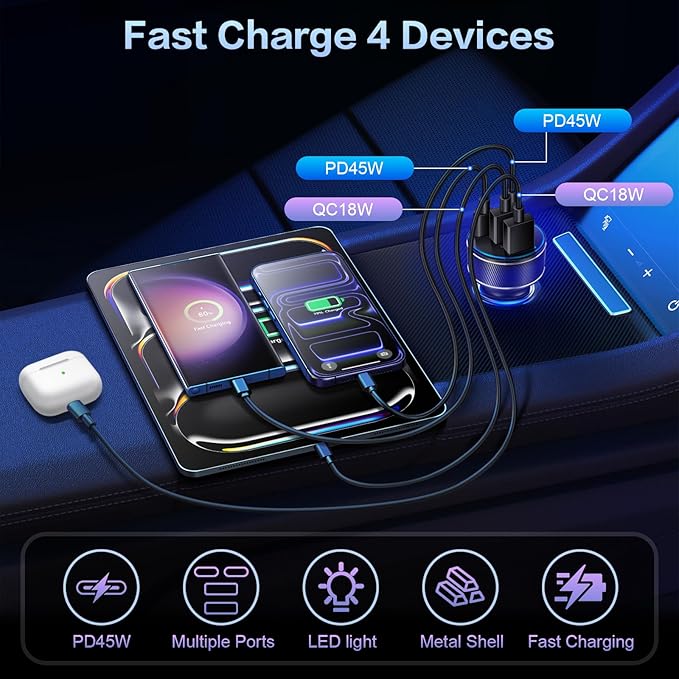 USB C Car Charger, Multi Port 90W Super Fast Charging Cigarette Lighter Adapter, 4-in-1 Dual USB-C & USB-A Car Phone Power Adapter for iPhone 17/16/15/Pro Max, iPad, Samsung Galaxy S25 (Black, 1-Pack)