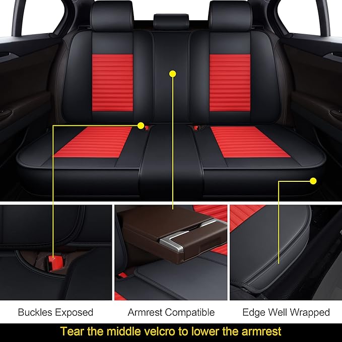 LINGVIDO Full Set Car Seat Covers, Faux Nappa Leather, Airbag Compatible and Waterproof Protectors for Sedans SUVs, Breathable Interior for Active Families, Pets, and Commuters (5 Seats, Black/Red)