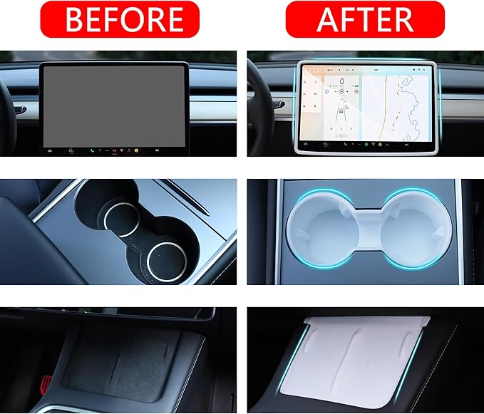 TOPABYTE 3PCS Center Console Accessories for Tesla Model Y 2021-2024 and Model 3 2021-2023 Cup Holder Insert, Screen Edge Protector Frame, Silicone Wireless Charger Mat, White