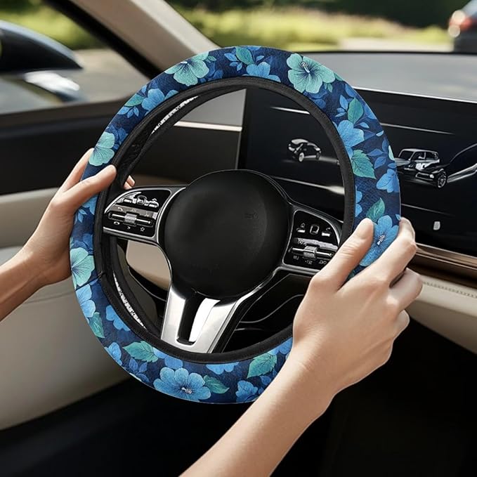AFPANQZ Car Steering Wheel Covers White Sweat Absorption Comfort Grip, Branch White Universal 14-15 inch Stretch-on Fabric Keep Warm Steering Wheel Protector for Women