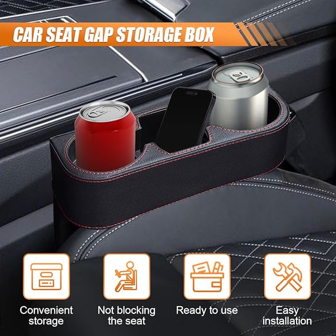 Car Cup Holder, PU Leather Car Seat Gap Filler Organizer Cup Drink Holder, Multifunctional Coin Bucket Cell Mobile Phone Holders, Auto Front Console Storage Box for Most Cars (Black)