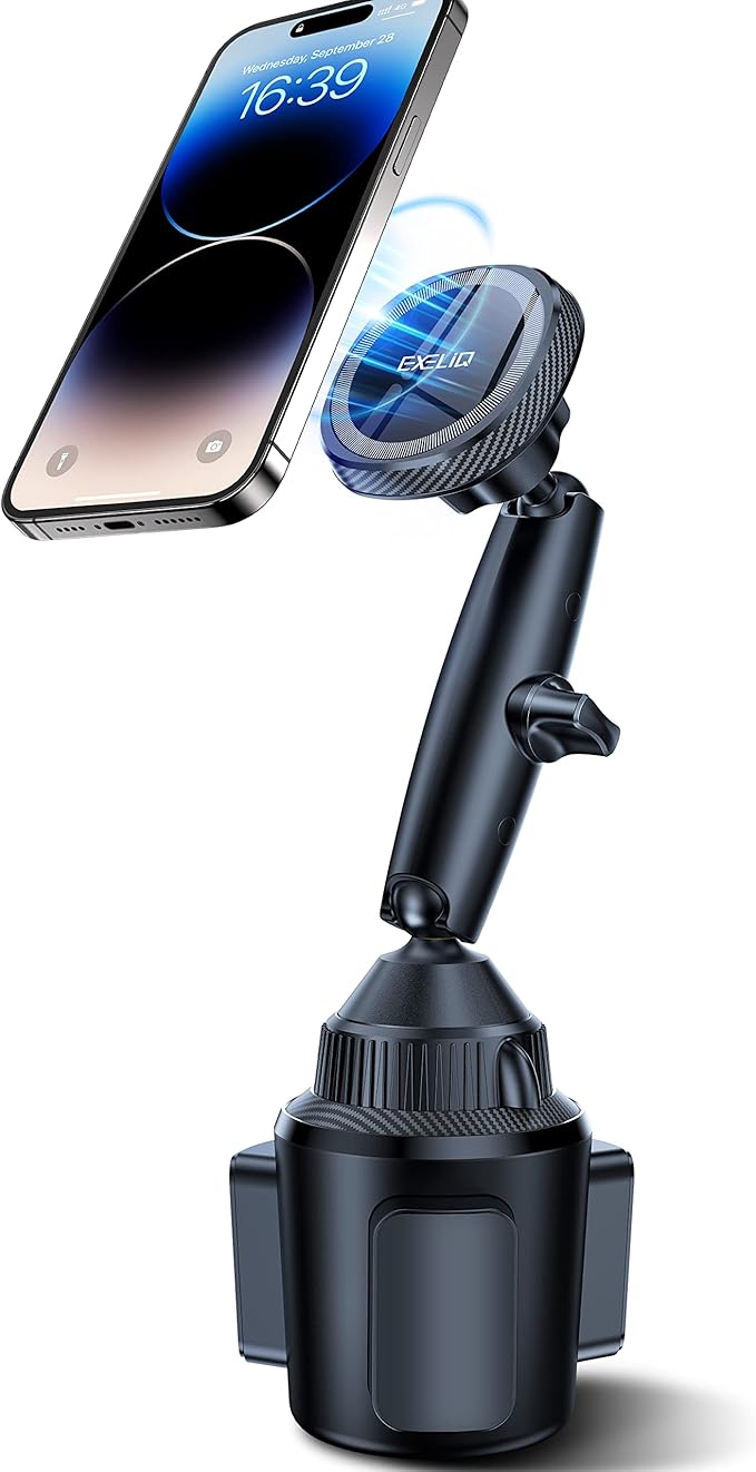 EXELIQ Magnetic Cup Holder Phone Cradle for Magsafe, Powerful N54 Magnet Flexible Tri-pivot Cup Phone Holder for Car, Tesla, Truck, SUV, Compatible with iPhone 17 16 15 14 13 12, Samsung [Not Charger]