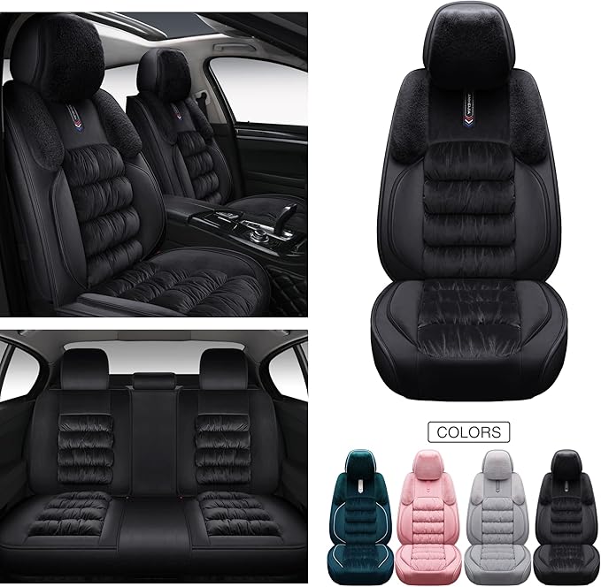 AOOG Fuzzy Car Seat Covers, Heated Bench Back Cushion Protector for Cars SUV Trucks(Full Set,Black)
