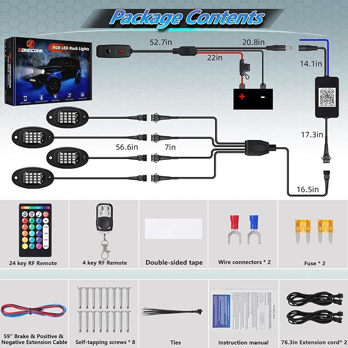 4Pods RGB LED Rock Lights Kit with APP/RF Remote Control, Car Underglow Lights with Brake Music Mode Multicolor Neon Underbody Lights Waterproof 12V for Trucks Pickup Jeep Golf Cart SXS ATV