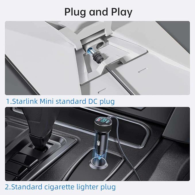 Car Charger for Starlink Mini, 3-in-1 DC Power Cable with 10FT Cord, 12V-48V Cigarette Lighter Adapter, 140W USB-C + 35W USB-A, Digital Voltage Display, for Car/RV/Boat