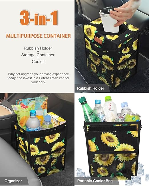 Pritent Car Trash Can with Lid, Cute Leakproof Car Trash Garbage Bag Hanging Vehicle Trash Bin Small Portable Automotive Garbage Cans Organizer for Back/Front Seat/Console(Trapezoid,Sunflower)