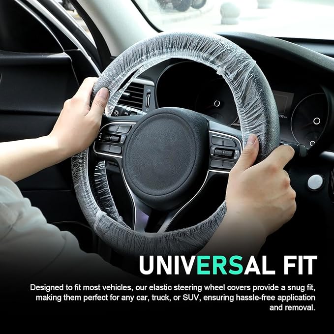100 PCS Car Disposable Steering Wheel Covers, Plastic Transparent Car Steering Wheel Covers with Elastic Trims, Universal for Most Cars