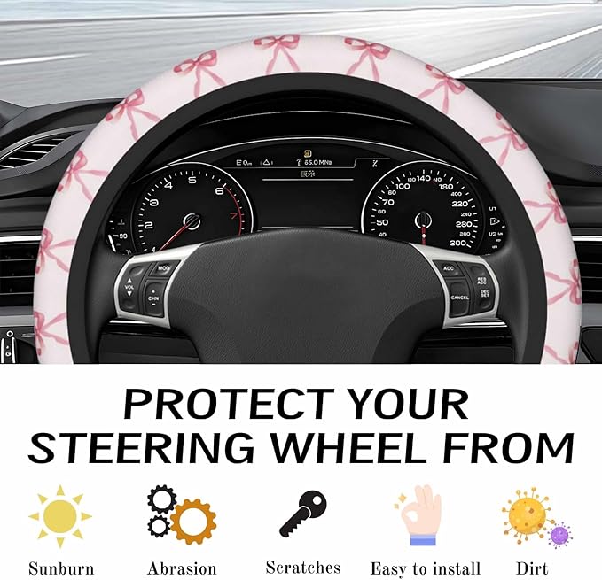 Steering Wheel Cover Accessories Neoprene Cover, Breathable Non-Slip Easy to Install Suitable for Women Men, 14.5-15.5 Inch for Car SUV Van Truck Universal - Pink Bow
