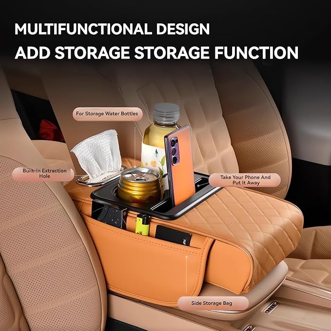Multifunctional PU Leather Car Armrest Box Mat, 5-in-1 Multifunctional Car Armrest Cushion, Center Console Cover with 2 Cup Holder, For Storing Tissues,Phones,Wallets,Drinks,for Most Cars (Black-B)