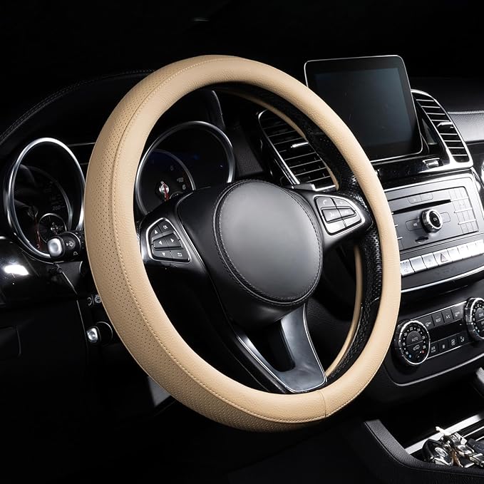 Lord Autofashion Steering Wheel Cover – PU Leather, Non-Slip Rubber Inner, All-Season Comfort – 14.5–15 Inch (Beige 8397)