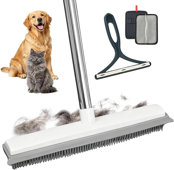 Carpet Rake for Pet Hair Removal, 30-51" Adjustable Stainless Steel Handle Rubber Broom with Squeegee, Reusable Cat & Dog Hair Remover Tool Set for Rugs, Hardwood Floors, Mats, Couch, Car