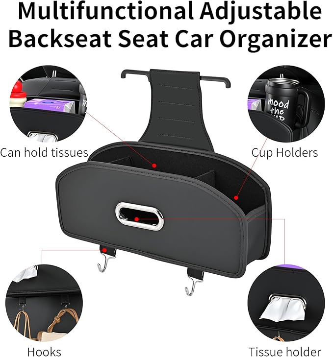 2PACK Backseat Seat Car Organizer, Multifunctional Adjustable Car Organizers and Storage, Universal Car Seat Organizer, Car Tissue Organizer with Cup Holder, Black