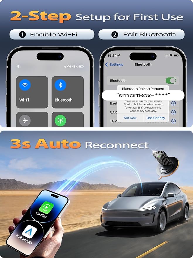 Ultral Mini Wireless CarPlay Adapter for Apple iPhone - Plug & Play, No Lantency, Converts Wired to Wireless Car Play Dongle, Fast Stable for Cars 2016+ with Apple CarPlay Carbon