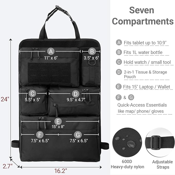 Tactical Seat Back Organizer - Heavy Duty MOLLE Panel Organizer with Multiple Pockets & Hook Loop Panel for EDC Gear, Road Trip Essentials, Universal Fit for Car SUV Truck Jeep Ford(Black)
