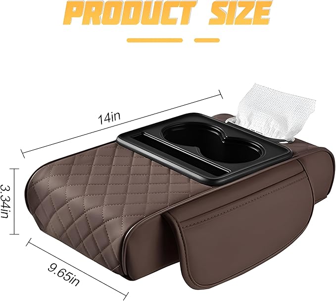 Zpana Car Center Console Armrest Pillow, Memory Foam Leather 4 in 1 Vehicle Arm Rest Cover with Tissue Box 2 Side Storage Bag Cup & Phone Holder, Auto Armrest Cushion, Universal Fit (Brown)