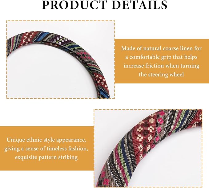Boho Steering Wheel Cover, 15 Inch Coarse Flax Cloth Ethnic Style Anti-Slip Car Wheel Wrap, Universal Breathable Bohemian Steering Wheel Protector for Cars Vans Trucks (F)