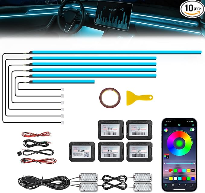 Acrylic Interior Car LED Strip Light with APP, RGB 10 in 1 with 175 inches 600 LEDs Fiber Optic Ambient Lighting Kits, 16 Million Colors Sound Active Function Car Neon LED Strip for Car