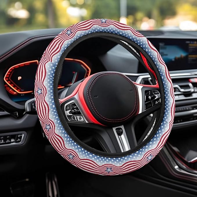 AFPANQZ Automotive Steering Wheel Covers Universal Fit 14 to 15 inch, American Star Steering Wheel Protector with Cloth for Women Keep Warm Comfort Grip Sweat Absorption Neoprene