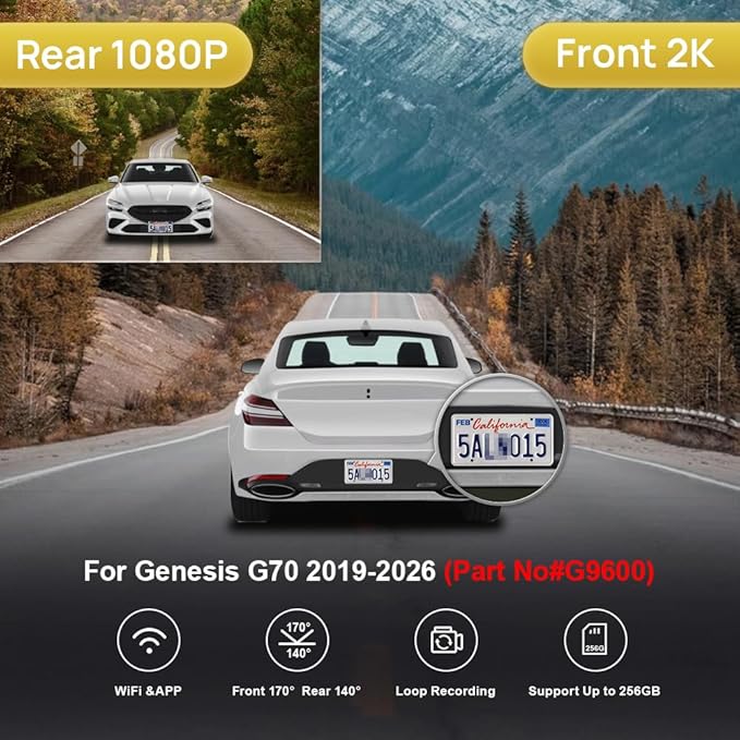 Fitcamx Front 2K+Rear 1080P Dash Cam Adapts for Genesis G70 2019-2026 (Part No Ends with #G9600), OEM Style, Dual HD Video, WiFi & APP, Loop Recording, Gravity Sensor, Easy to Set, 64GB Card
