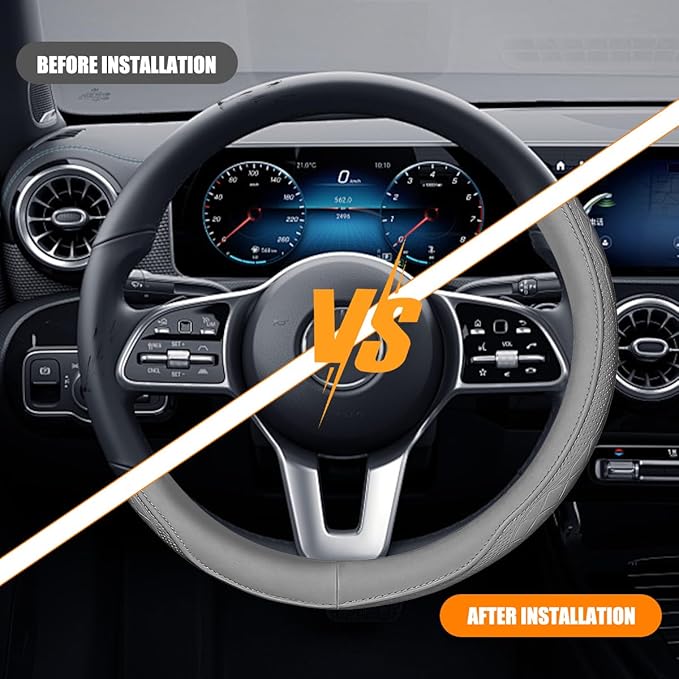Car Steering Wheel Cover, 14.5-15" Breathable Soft Leather Vehicle Steering Wheel Protector with Anti-Slip Lining, Comfortable Auto Interior Decoration Accessories, Universal Fit (Grey)