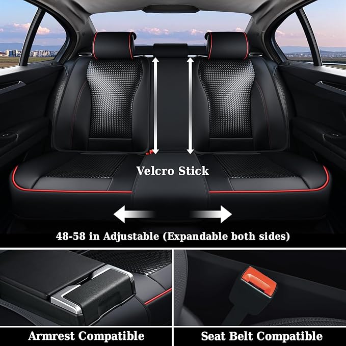 Coverado Car Seat Covers Full Set, Black Redline Seat Covers for Cars, Waterproof Nappa Leather Automotive Seat Covers with Lumbar Head Pillow, Car Seat Protectors, Universal Fit for Most Cars SUV