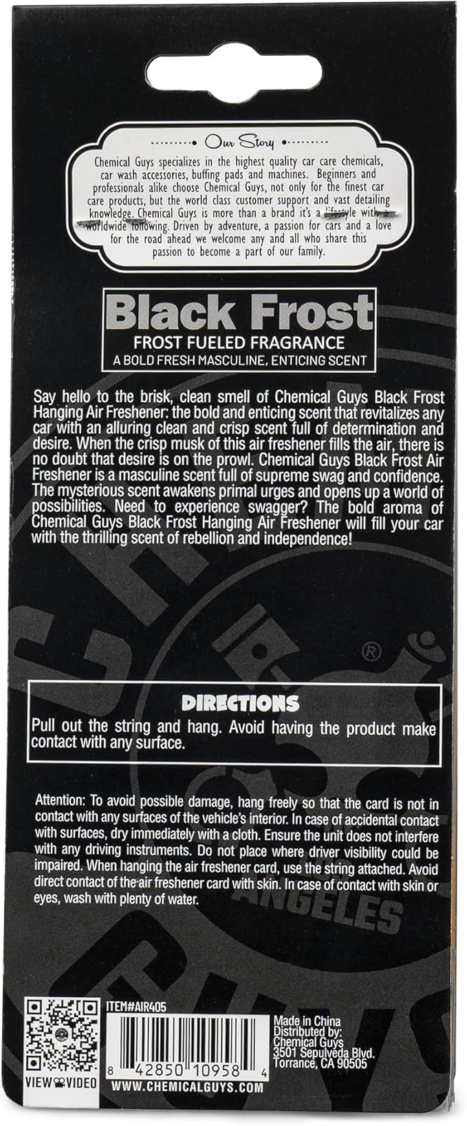 Chemical Guys Car Fresheners, Hanging Air Freshener, Black Frost Scent 12 Pack, Great for Cars, Trucks, SUVs, RVs, Home, Garage, Workspace, Dorm Room & More (4 x 3 Packs)