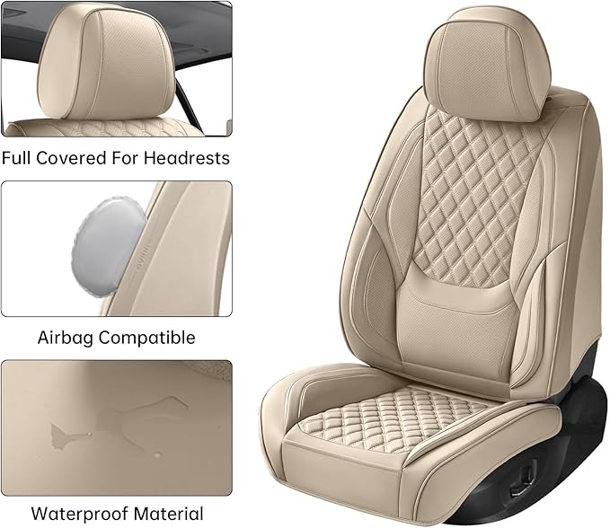 Car Seat Covers Full Set Beige, Luxury Faux Leather Car Seat Covers Waterproof Non-Slip Seat Protector Universal Fit for Most Cars SUVs Trucks Pick-ups,Car Accessories for Front Seats and Back