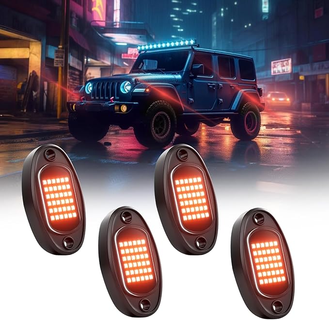 GSRECY Rock Lights Ultra Bright LED Neon Underglow Lights Waterproof for Trucks Pickup SUV UTV ATV RZR Car Boats Motorcycle (Red, 4 Pods)