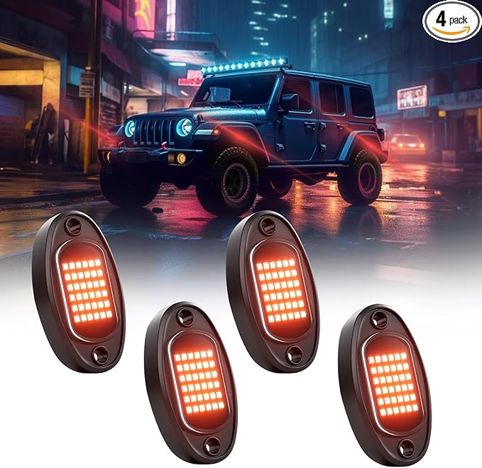 GSRECY Rock Lights Ultra Bright LED Neon Underglow Lights Waterproof for Trucks Pickup SUV UTV ATV RZR Car Boats Motorcycle (Red, 4 Pods)