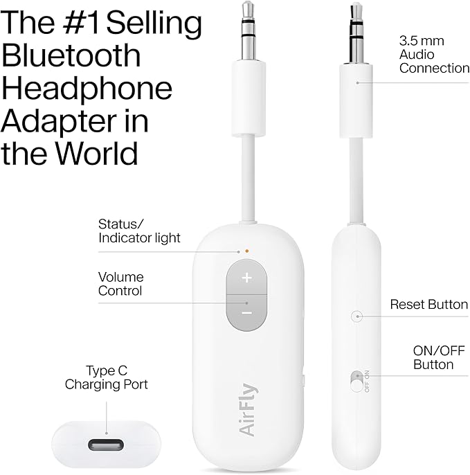 Twelve South AirFly SE | Bluetooth Wireless Audio Transmitter Adapter for AirPods/Headphones, 20+ Hr Battery, Works with 3.5mm aux Jacks on Airplanes, TVs, Gym Equipment, and Travel