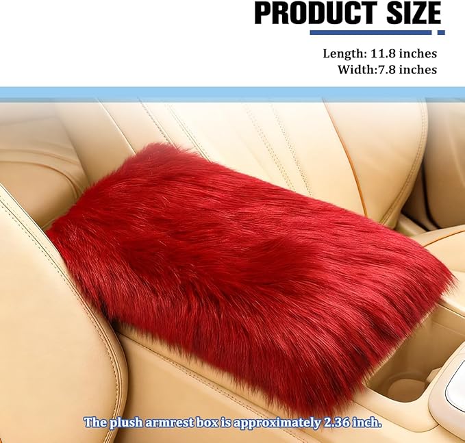 Car Center Console Cover, Fluffy Soft Vehicle Middle Console Arm Rest Cushion Pad, Furry Automotive Interior Armrest Seat Box Protector Decoration Accessories, Universal Fit (Red)