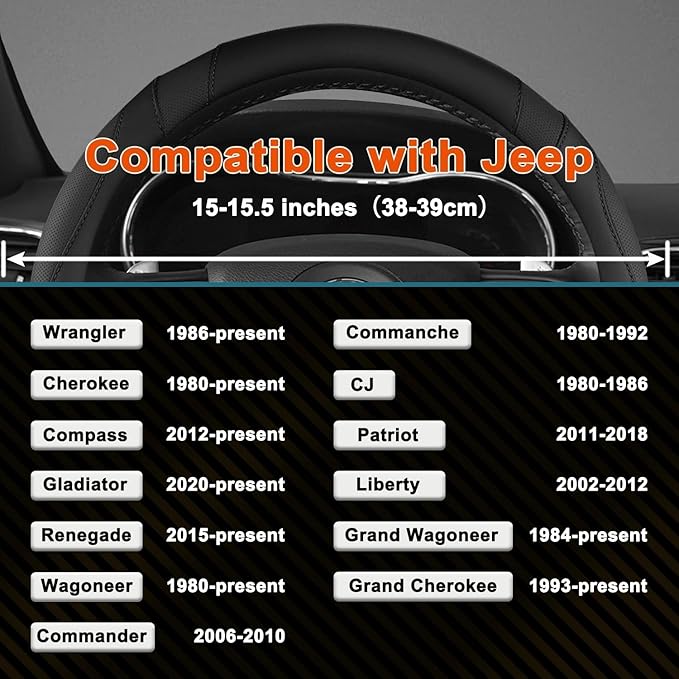 West Llama Customized Auto Car Steering Wheel Cover for Jeep Grand Cherokee,Wrangler,Compass,Gladiator,Cherokee 15-15.5inches(Black-Large Size)