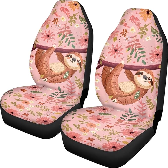 Cute Sloth Car Seat Cover Set of 2, Music Note Design Auto Accessories for Men Women, Soft Automotive Protective Interior Universal
