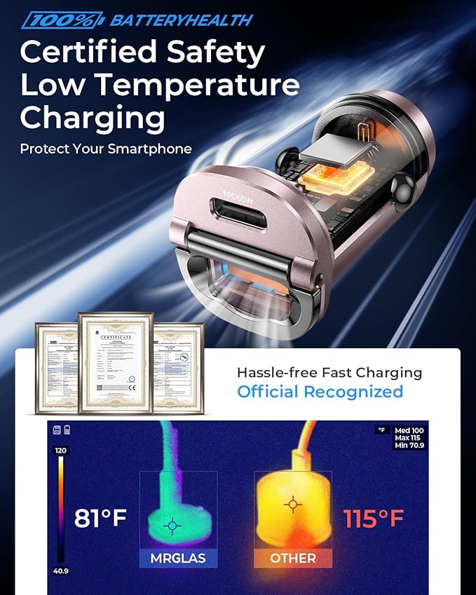MRGLAS 125W USB C Car Charger, [Mini & Metal] USB C Car Charger Adapter Fast Charging PD65W & QC60W Dual Port Type C Car Cigarette Lighter USB Charger for iPhone 16 15 14 Pro Max S25 MacBook-Pink