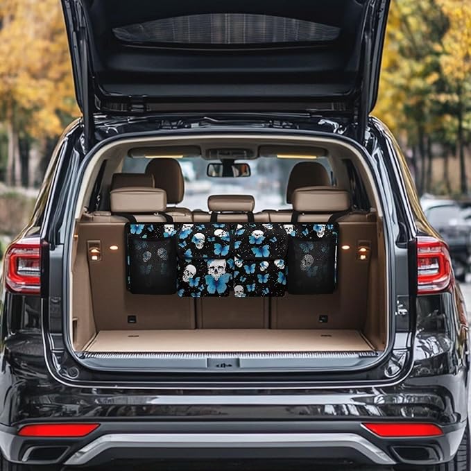 Skull Butterfly Car Trunk Organizer Foldable Auto Backseat Storage Bag with 4 Pockets Hanging Auto Accessories Suitable Most Sedans SUVs Trucks Vans