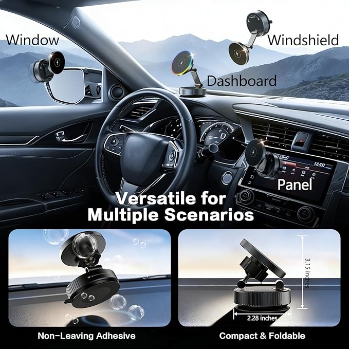for MagSafe Car Mount Charger, 15W Wireless Car Charger Mount, Vacuum Suction Cup Magnetic Car Phone Holder for iPhone & Android, 360° Adjustable Car Phone Mount for Dashboard & Windshield