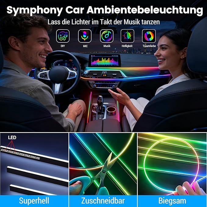 HMYC Dream Color Acrylic Interior Car Lights, 2 Pieces 75cm/29.5inch 128 Colorful Car LED Strip Light RGB Fiber Optic Rainbow Ambient Lighting bar, Universal Decoration Dynamic Atmosphere Neon Lights