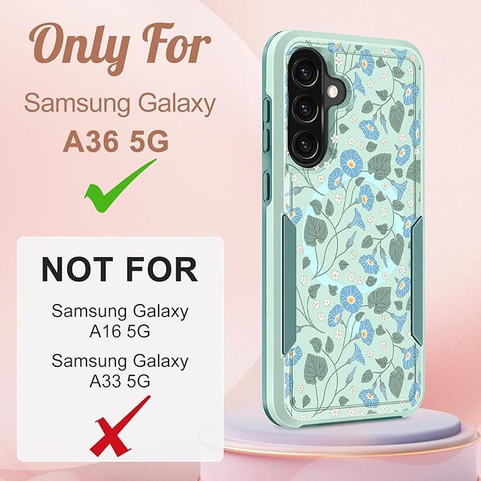for Samsung Galaxy A36 5G Phone Case - Compatible with MagSafe Women Girls Cute Magnetic Protective Cover Unique Girly Blue Flower Heavy Duty Shockproof Design for Samsung A36 5G Cases 6.7"