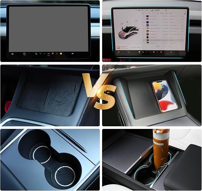 TOPABYTE 3PCS Center Console Accessories for Tesla New Model Y Juniper 2026 2025 Model 3 Highland 2024 Cup Holder Insert, Screen Edge Protector Frame, Wireless Charger Mat Silicone, Black