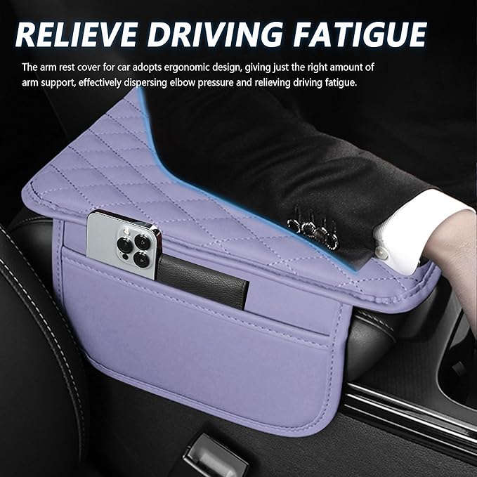 Upgraded Car Center Console Cover,Microfiber Leather Car Armrest Cover Cushion with 2 Storage Bags,Universal Cars Armrest Storage Box Cars Interior Accessories for Most Vehicles (Purple)
