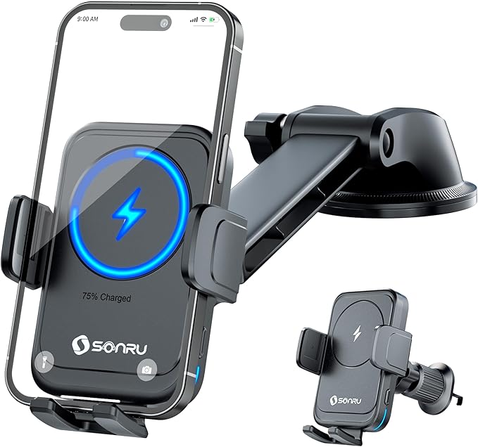 SONRU Car Phone Holder Wireless Charger, Qi 15W Wireless Car Charger Fast Charging Auto Clamping Car Charger Mount Suction Holder Dashboard Air Vent for iPhone 16/15/14/13/12/11, Samsung S25/24