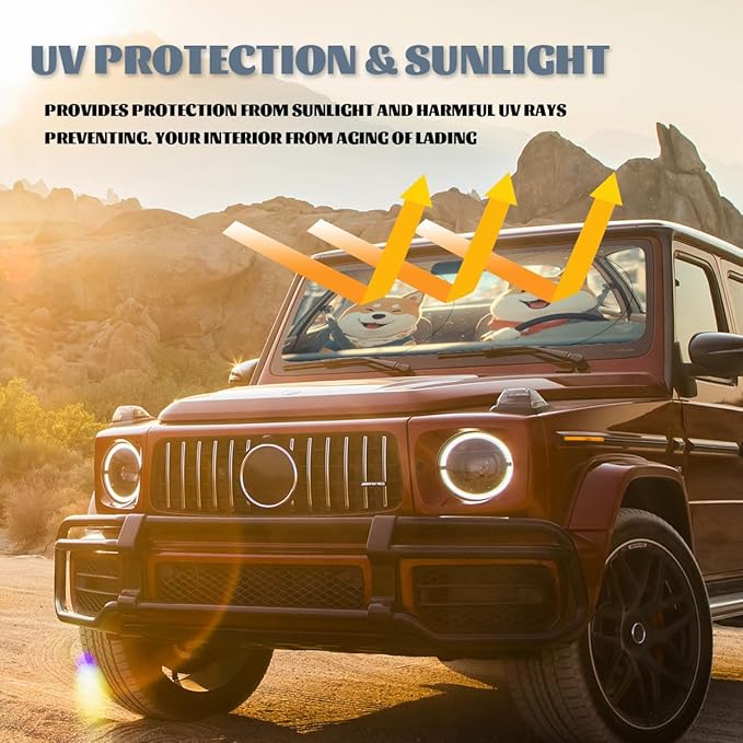 Funny Dog Car Window Sun Shield Cartoon Cute Shiba Sunny Puppy Front Window Sun Shade Blocks UV Rays Sun Visor Protector for Car Sedan Truck SUV Accessories 59" L x 31.5" W