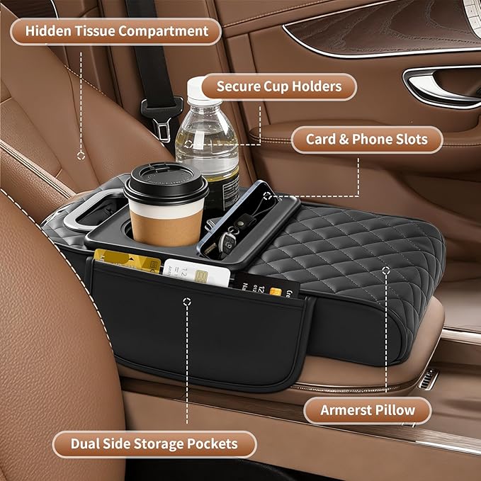 5-in-1 Center Console Cover for Car, Universal Armrest Cover Cushion, Upgrade Arm Rest Cover for Car with Cup Holder & Storage, PVC Leather Armrest Pad with Phone Slot & Tissue Holder, Black