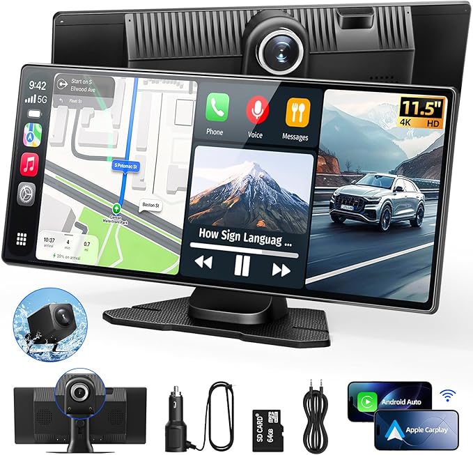 11.5" Wireless Apple CarPlay Screen for Car, Portable Car Play & Android Auto Touch Screen Car Stereo with App Control, 4K Dash Cam 1080P Backup Camera, GPS, Voice Control, Mirror Link FM All Vehicles