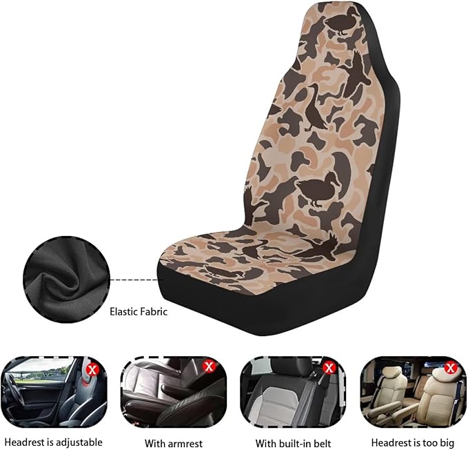 ELEQIN Car Front Seat Covers, Duck Camo Hunting 2 Pack Polyester Automotive Seat ProtectorsSoft & Breathable, Vehicle Interior Accessories for Most Cars