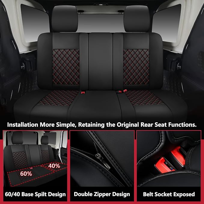 Wrangler Seat Covers 2007-2026 Full Set, Waterproof Leather Interior Sets with Lumbar Support Custom Fit for Jeep Wrangler JK JL 4 Door Unlimited Sahara/Sport/Rubicon X 392 Willys, Black Red