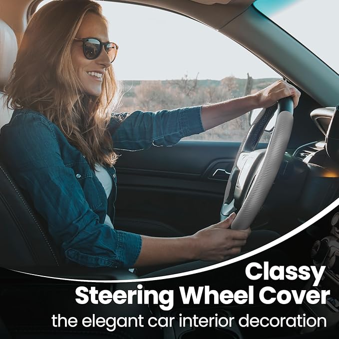 GSPSCN Universal Car Carbon Fiber Steering Wheel Cover Anti-Skid,Butterfly Steering Wheel Cover,Non-Slip Segmented Steering Wheel Protector,Fit for 99% Cars,Car Interior Accessories (Gray)